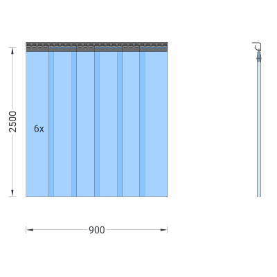 Rideau à lanières en PVC, lamelles 200 x 2 mm transparentes, hauteur 2,50 m, largeur 0,90 m (0,70 m), acier inoxydable