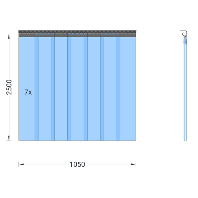 Rideau à lanières en PVC, lamelles 200 x 2 mm transparentes, hauteur 2,50 m, largeur 1,05 m (0,80 m), acier inoxydable