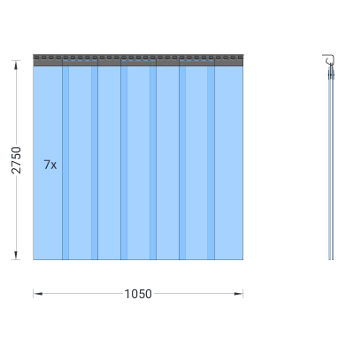 Rideau à lanières en PVC, lamelles 200 x 2 mm transparentes, hauteur 2,75 m, largeur 1,05 m (0,80 m), acier inoxydable