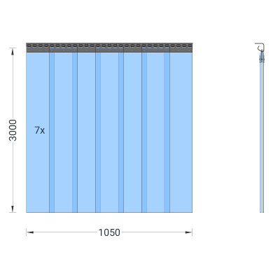 Rideau à lanières en PVC, lamelles 200 x 2 mm transparentes, hauteur 3,00 m, largeur 1,05 m (0,80 m), acier inoxydable