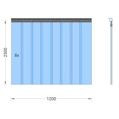 Rideau à lanières en PVC, lamelles 200 x 2 mm transparentes, hauteur 2,50 m, largeur 1,20 m (0,90 m), acier inoxydable