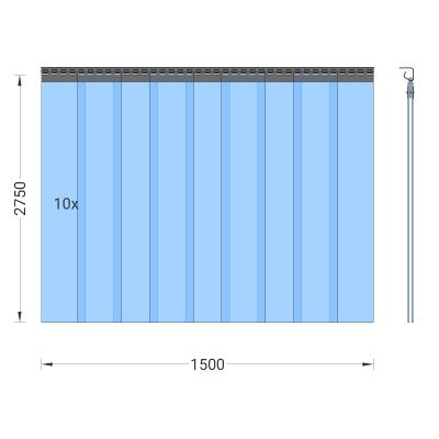 Rideau à lanières en PVC, lamelles 200 x 2 mm transparentes, hauteur 2,75 m, largeur 1,50 m (1,10 m), acier inoxydable