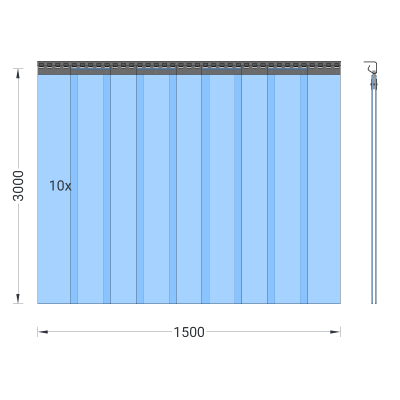 Rideau à lanières en PVC, lamelles 200 x 2 mm transparentes, hauteur 3,00 m, largeur 1,50 m (1,10 m), acier inoxydable