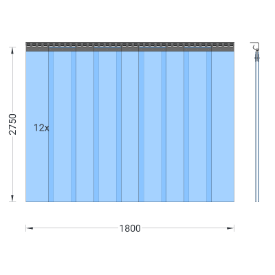 Rideau à lanières en PVC, lamelles 200 x 2 mm transparentes, hauteur 2,75 m, largeur 1,80 m (1,30 m), acier inoxydable