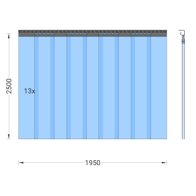 Rideau à lanières en PVC, lamelles 200 x 2 mm transparentes, hauteur 2,50 m, largeur 1,95 m (1,40 m), acier inoxydable