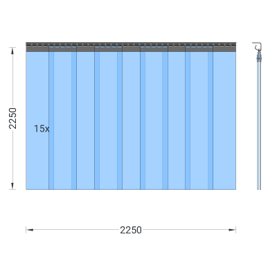 Rideau à lanières en PVC, lamelles 200 x 2 mm transparentes, hauteur 2,25 m, largeur 2,25 m (1,60 m), acier inoxydable