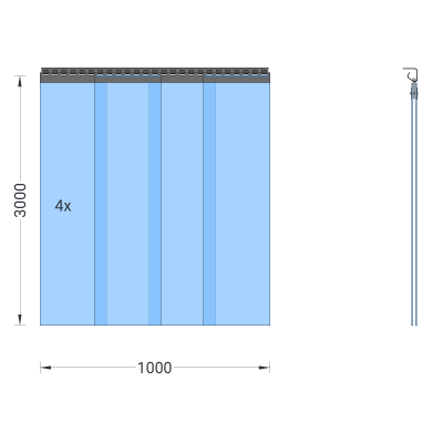 Rideau à lanières en PVC, lamelles 300 x 3 mm transparentes, hauteur 3,00 m, largeur 1,00 m (0,90 m), galvanisé