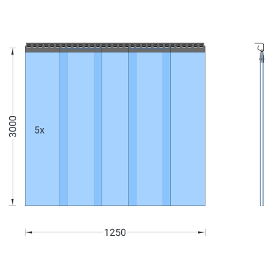 Rideau à lanières en PVC, lamelles 300 x 3 mm transparentes, hauteur 3,00 m, largeur 1,25 m (1,10 m), galvanisé