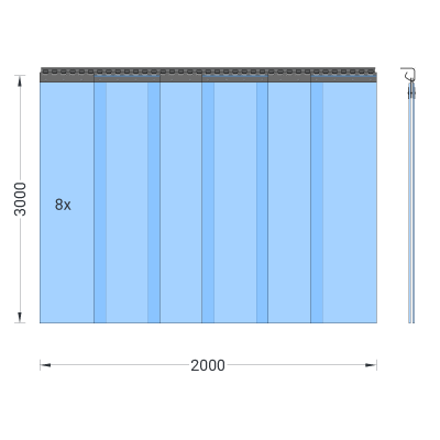 Rideau à lanières en PVC, lamelles 300 x 3 mm transparentes, hauteur 3,00 m, largeur 2,00 m (1,70 m), galvanisé