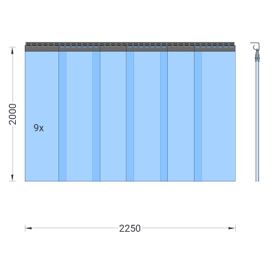 Rideau à lanières en PVC, lamelles 300 x 3 mm transparentes, hauteur 2,00 m, largeur 2,25 m (1,90 m), galvanisé