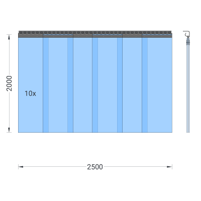 Rideau à lanières en PVC, lamelles 300 x 3 mm transparentes, hauteur 2,00 m, largeur 2,50 m (2,10 m), galvanisé