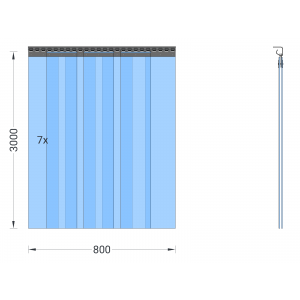 Rideau à lanières en PVC, lamelles 200 x 2 mm transparentes, hauteur 3,00 m, largeur 1,05 m (0,80 m), acier inoxydable