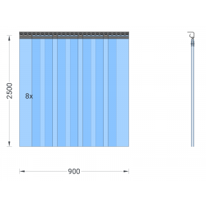 Rideau à lanières en PVC, lamelles 200 x 2 mm transparentes, hauteur 2,50 m, largeur 1,20 m (0,90 m), acier inoxydable