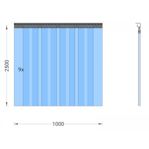 Rideau à lanières en PVC, lamelles 200 x 2 mm transparentes, hauteur 2,50 m, largeur 1,35 m (1,00 m), acier inoxydable