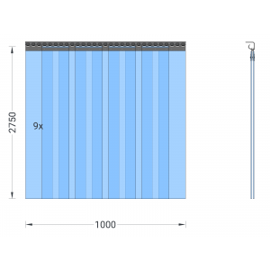 Rideau à lanières en PVC, lamelles 200 x 2 mm transparentes, hauteur 2,75 m, largeur 1,35 m (1,00 m), acier inoxydable