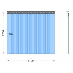 Rideau à lanières en PVC, lamelles 200 x 2 mm transparentes, hauteur 2,75 m, largeur 1,50 m (1,10 m), acier inoxydable