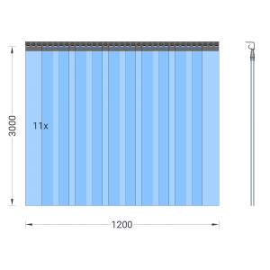 Rideau à lanières en PVC, lamelles 200 x 2 mm transparentes, hauteur 3,00 m, largeur 1,65 m (1,20 m), acier inoxydable