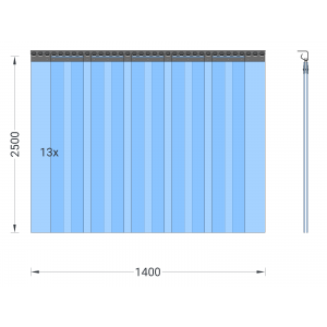 Rideau à lanières en PVC, lamelles 200 x 2 mm transparentes, hauteur 2,50 m, largeur 1,95 m (1,40 m), acier inoxydable