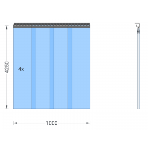 Rideau à lanières en PVC, lamelles 300 x 3 mm transparentes, hauteur 4,25 m, largeur 1,00 m (0,90 m), galvanisé